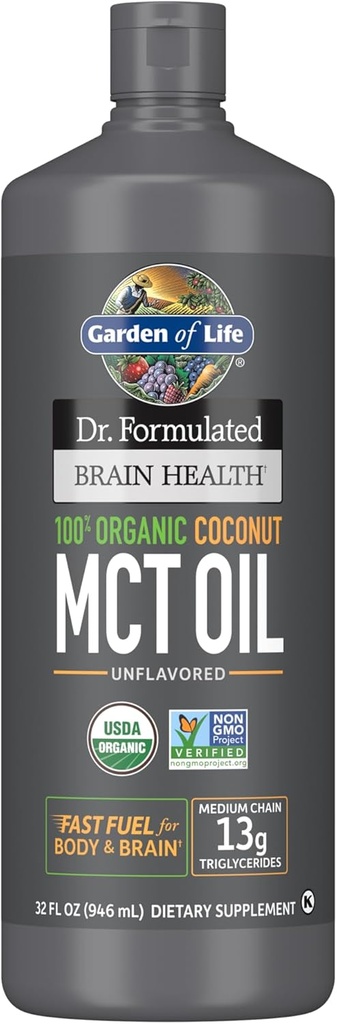 Garden of Life Dr. Formulated Brain Health 100% Organic Coconut MCT Oil 32 fl oz Unflavored, 13g MCTs, Body & Brain Fuel, Certified Non-GMO Vegan & Gluten Free, Hexane-Free