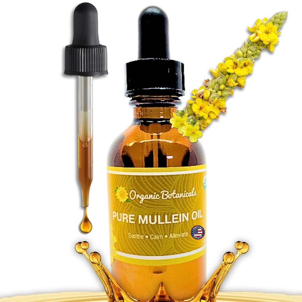 Pure Organic Mullein Oil - Organic Mullein Ear Oil Drops - Natural Ear Care Solution for Earaches, Tinnitus, and Kids - Herbal Mullein Extract Liquid for Soothing Relief (2 oz)