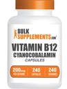 BulkSupplements.com Κάψουλες Βιταμίνης Β12 - ως Κυανοκοβαλαμίνη, Συμπλήρωμα Βιταμίνης Β, Βιταμίνη Β12 200 mcg - Ενεργειακές Βιταμίνες, Χωρίς Γλουτένη, 1 Κάψουλα ανά Σερβίρισμα, 240 Κάψουλες (πακέτο του 1)