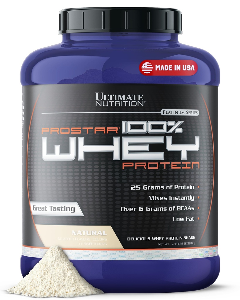 Ultimate Nutrition Prostar Whey Protein Powder Isolate, Φυσικό - χαμηλή υδατανθράκων, υψηλής πρωτεΐνης σκόνης Shake για μυϊκή αύξηση & ανάκτηση - χαμηλή νάτριο, χαμηλής περιεκτικότητας σε λιπαρά & Keto Friendly - 5,28 lbs Tub