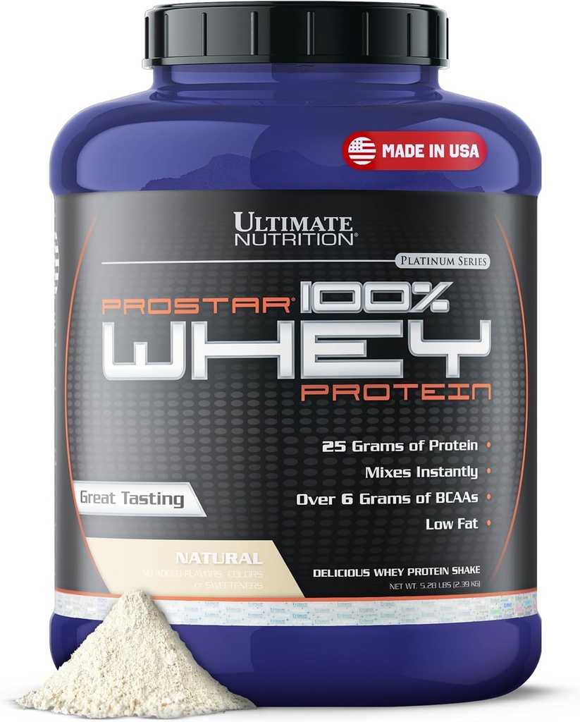 Ultimate Nutrition Prostar Whey Protein Powder Isolate, Φυσικό - χαμηλή υδατανθράκων, υψηλής πρωτεΐνης σκόνης Shake για μυϊκή αύξηση & ανάκτηση - χαμηλή νάτριο, χαμηλής περιεκτικότητας σε λιπαρά & Keto Friendly - 5,28 lbs Tub