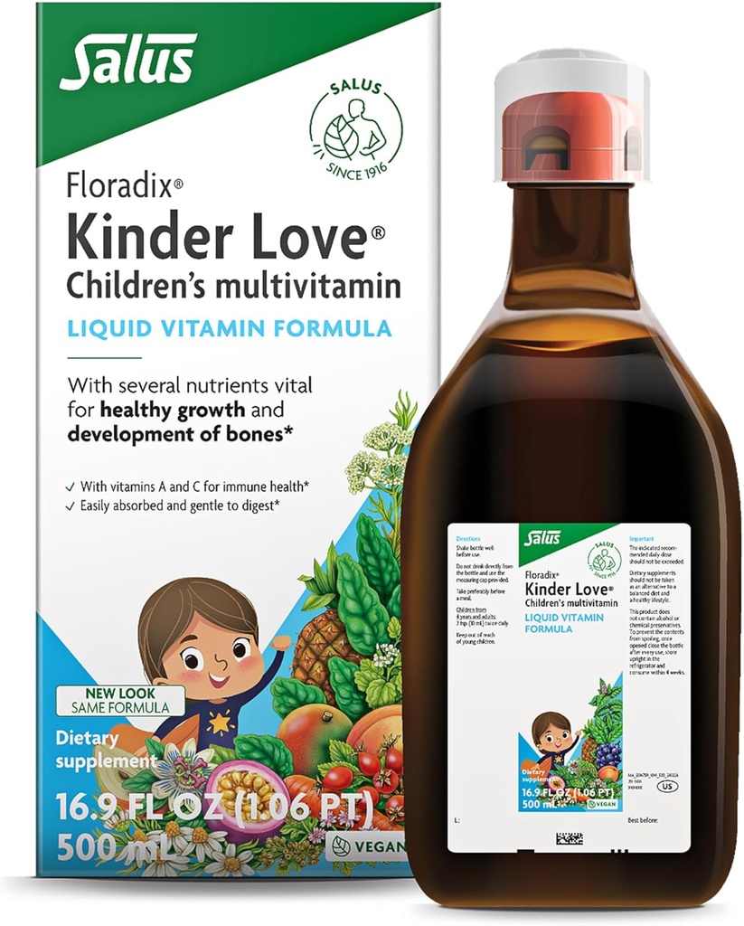 Floradix Kinder Love Παιδική Πολυβιταμίνη - Συμπλήρωμα βοτάνων - Υγρή Πολυβιταμίνη για Παιδιά - Βιταμίνες A, C, D & E, Ασβέστιο & Περισσότερα - Χορτοφαγική, Μη ΓΤΟ, Χωρίς Γλουτένη - 16.9 fl oz
