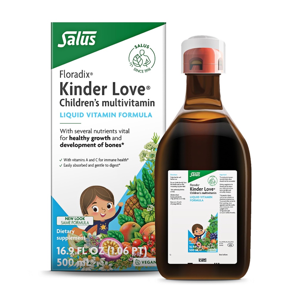 Floradix Kinder Love Παιδική Πολυβιταμίνη - Συμπλήρωμα βοτάνων - Υγρή Πολυβιταμίνη για Παιδιά - Βιταμίνες A, C, D & E, Ασβέστιο & Περισσότερα - Χορτοφαγική, Μη ΓΤΟ, Χωρίς Γλουτένη - 16.9 fl oz