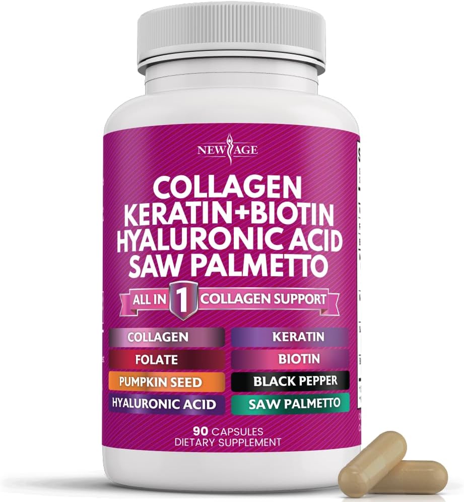 NEW AGE Collagen Pills Biotin Keratin Saw Palmetto Hyaluronic Acid - Δέρμα μαλλιών και νύχια Βιταμίνες και DHT Blocker με βιταμίνη Ε Folic Acid Κολοκύθα Σπόροι MSM- 90 Count