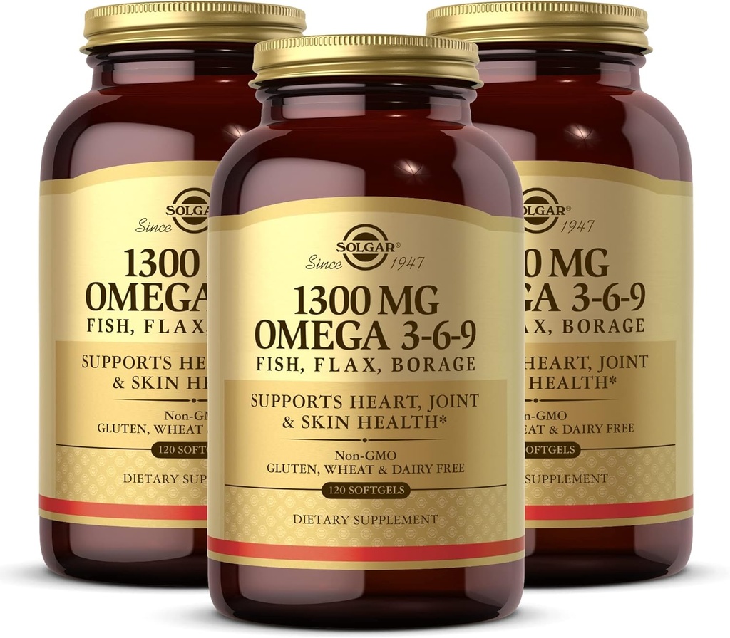 Solgar 1300 mg Ωμέγα 3-6-9, 120 Softgels (Συσκευασία 3) - Συμπλήρωμα ιχθυελαίου - Υποστήριξη για την Κοινή & Δερματική Υγεία - Περιλαμβάνει λιναρόσπορο & Βόριο - Περιέχει EPA & DHA Ωμέγα 3 Λιπαρά Οξέα - 120 Σύνολο Μερίδες