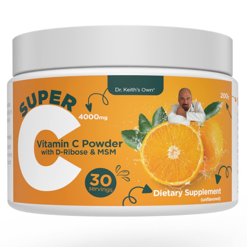 Dr. Keith's Own Super C-High Dose Powdered Vitamin C 4000mg με D-Rιβόζη, Γλυκίνη, MSM-Highly Απορροφώμενη, Στομάχι-Friendly, Collagen Boost, Ανοσοποιητική Υποστήριξη-Άγευστη, 200 γραμμάρια (30 υπηρεσίες)