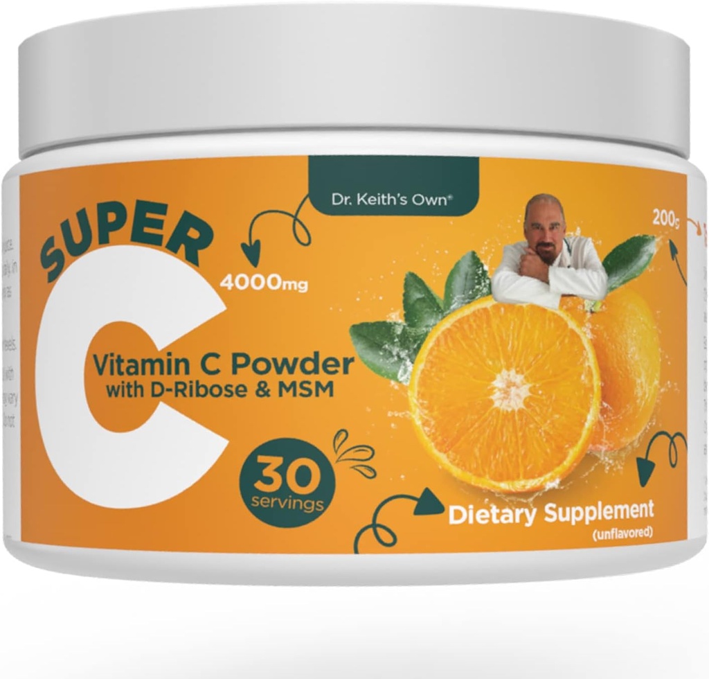 Dr. Keith's Own Super C-High Dose Powdered Vitamin C 4000mg με D-Rιβόζη, Γλυκίνη, MSM-Highly Απορροφώμενη, Στομάχι-Friendly, Collagen Boost, Ανοσοποιητική Υποστήριξη-Άγευστη, 200 γραμμάρια (30 υπηρεσίες)
