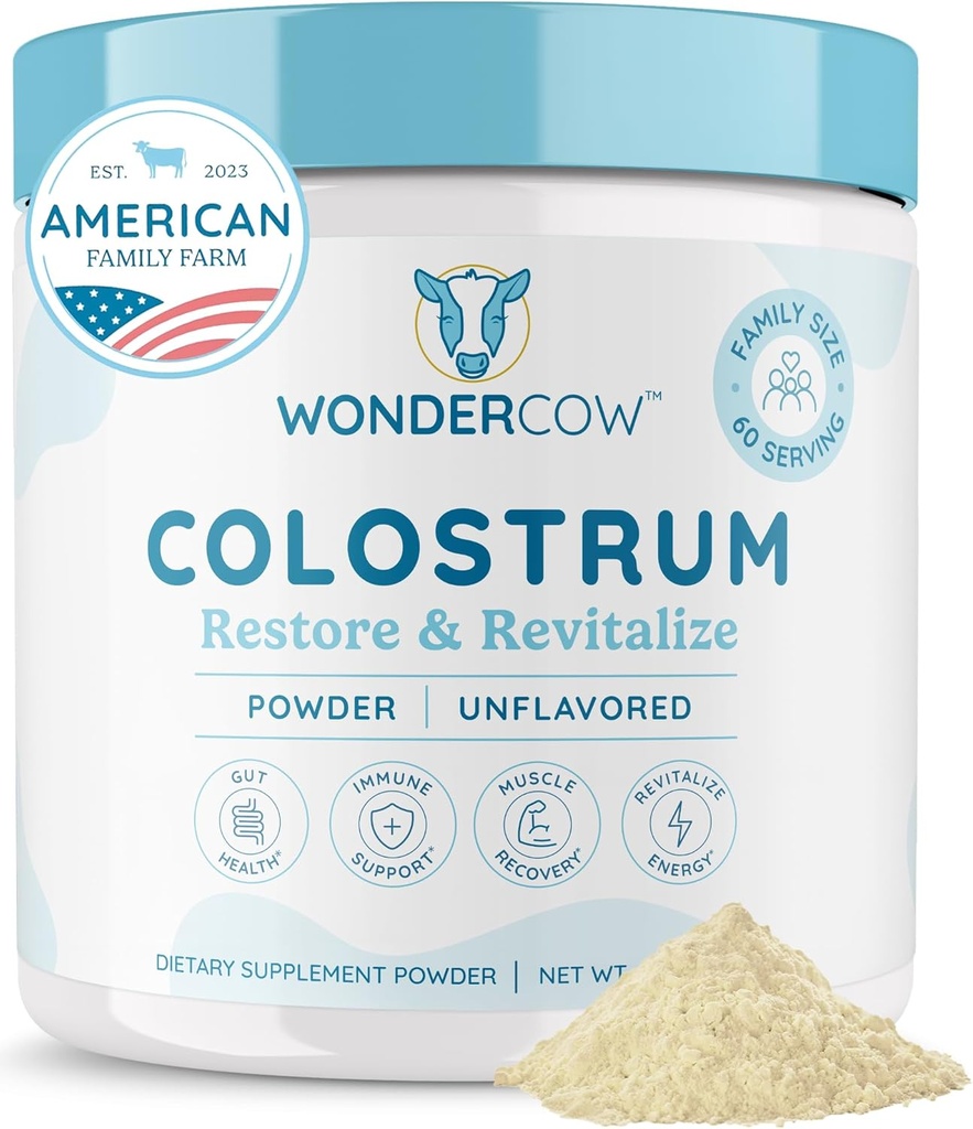 WONDERCOW Colostrum Supplement Powder for Gut Health, Immune Support, Muscle Recovery & Wellness | Natural IgG Pure Whole Bovine Colostrum Superfood, Unflavored, 60 Servings
