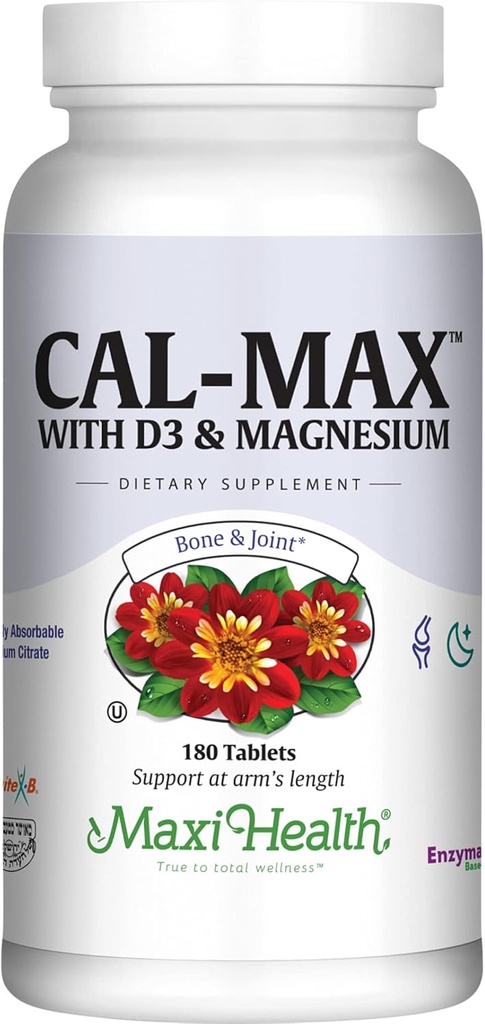 Maxi Health Calcium 1000 mg με Βιταμίνη D3 (400 IU) και Μαγνήσιο (750 mg) - Cal Max Συμπλήρωμα διατροφής για τα οστά, τα δόντια και την κοινή υποστήριξη - για άνδρες και γυναίκες - 180 δισκία