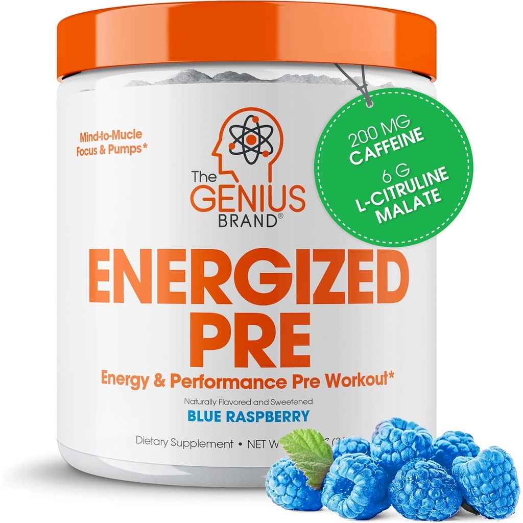Genius Energized Preworkout Powder – Caffeine Infused Προ-Engine Booster Supplement with Beta Alanine & Alpha GPC, No Artificial Sweeteners or Dyes - 200mg Caffeine, 20 Servings, Blue Raspberry