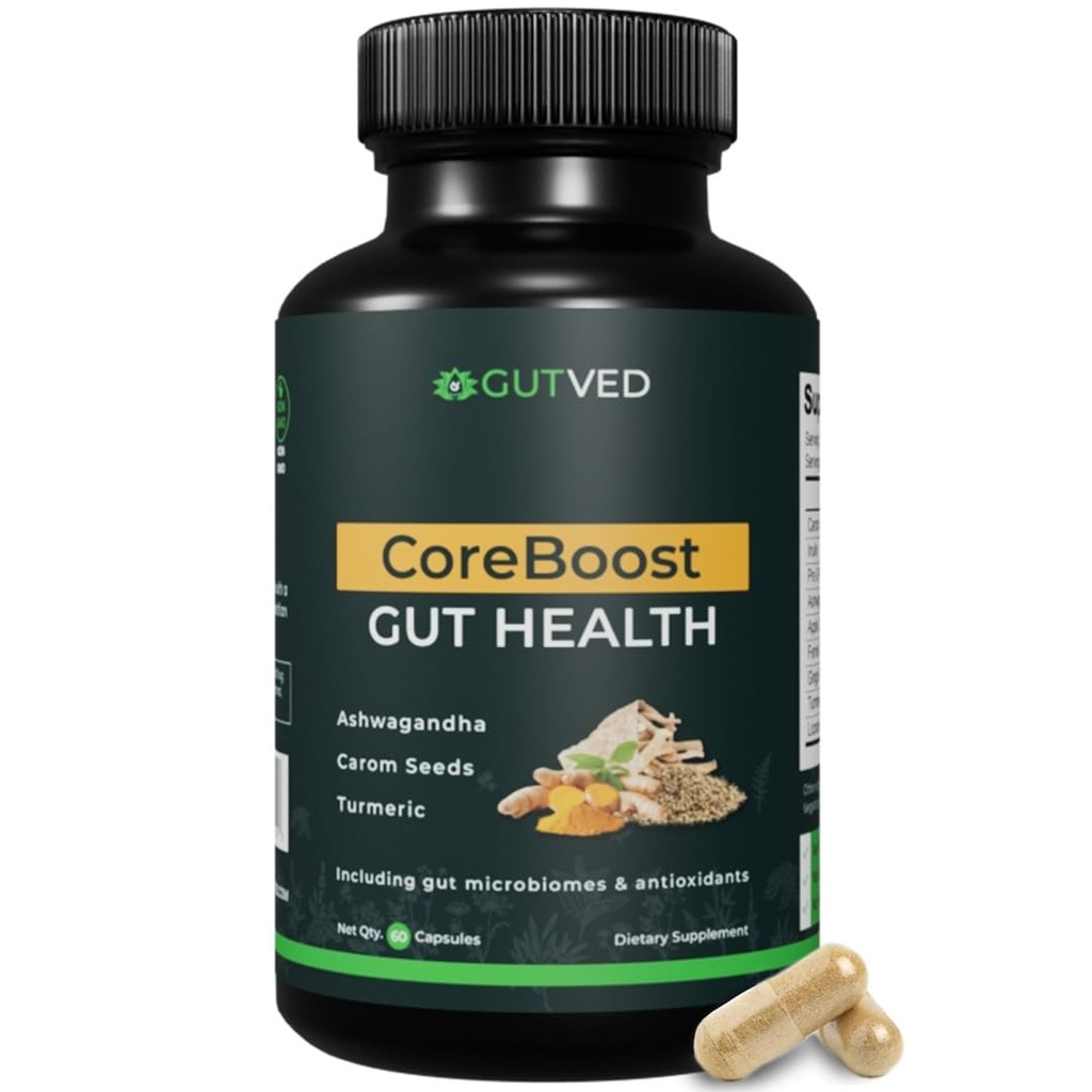 Συμπληρώματα για την υγεία των ορνίθων Coreboost με Ashwagandha, Carom Σπόροι, Turmeric - Πρεβιοτικά και Προβιοτικά για γυναίκες & άνδρες - 2 δισεκατομμύρια CFU-Καλύτερο για την Digestive Υγεία, Bloating Relief, Μείωση Αερίου