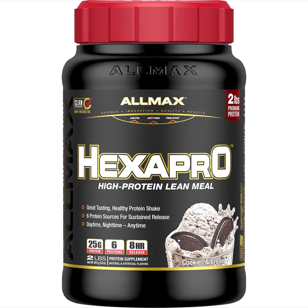 ALLMAX HEXAPRO, Cookies & Cream - 2 λίβρες - 25 γραμμάρια πρωτεΐνης ανά υπηρεσία - 8ωρη διαρκής απελευθέρωση - Zero Sugar - 21 μερίδες