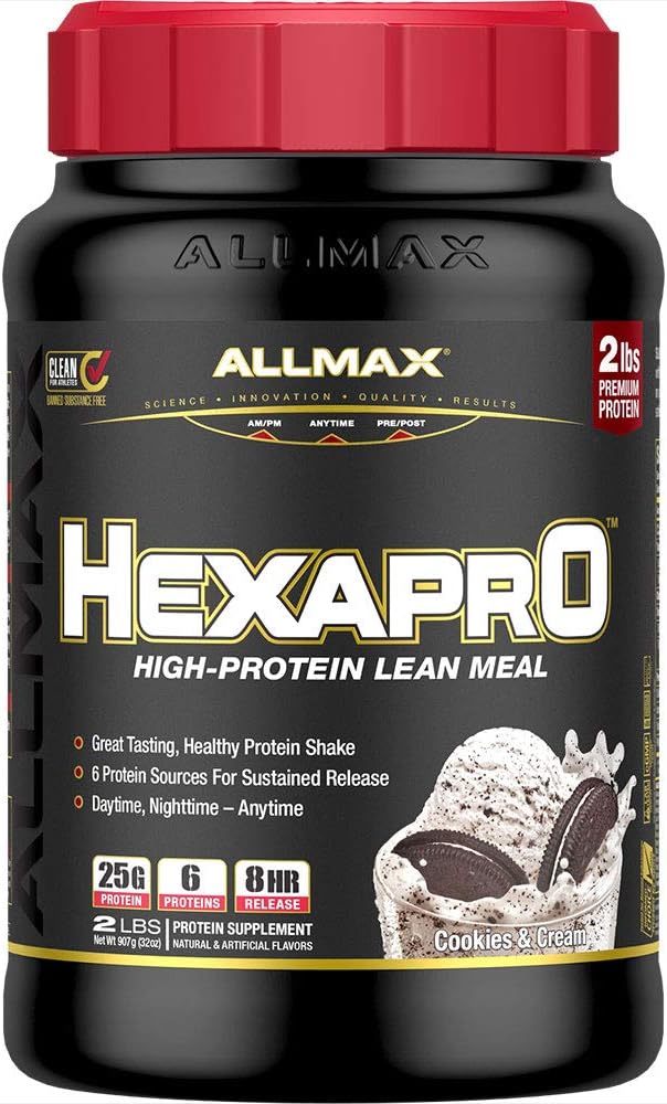 ALLMAX HEXAPRO, Cookies & Cream - 2 lb - 25 Grams of Protein Per Serving - 8-Hour Sustained Release - Zero Sugar - 21 Servings