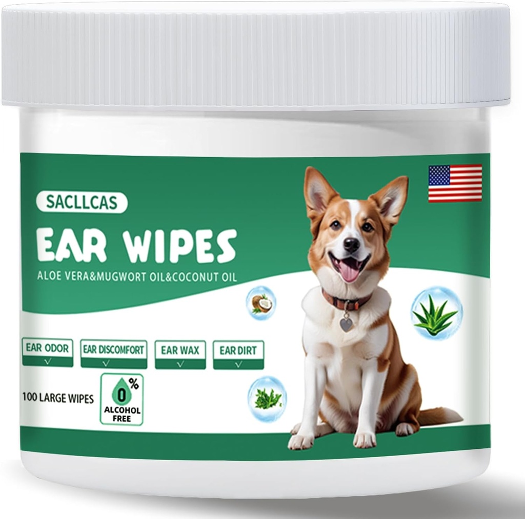Dog Ear Cleaner Wipes 100 Count, Gentle pH Balanced for Ear Wax, Odor & Itch Relief, Hypoallergenic Alcohol-Free with Aloe Vera, Safe for Puppy Ears