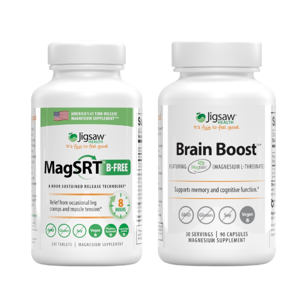 Jigsaw Health Magnesium Bundle | MagSRT (B-Free), 240 Tablets, and Brain Boost, 90 Capsules