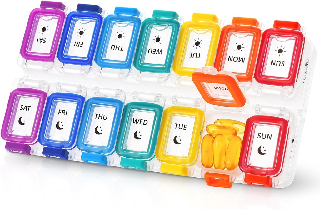 Fullicon Moisture Proof Pill Organizer 2 φορές την ημέρα, Big Pill Box 7 ημέρα, Spill Proof Pill Υπόθεση, Travel Pill Container, Medicine Pill Organizer με Ασφαλείς Λίδες, Daily Pill Organizer (Ουράνιο τόξο σαφές)