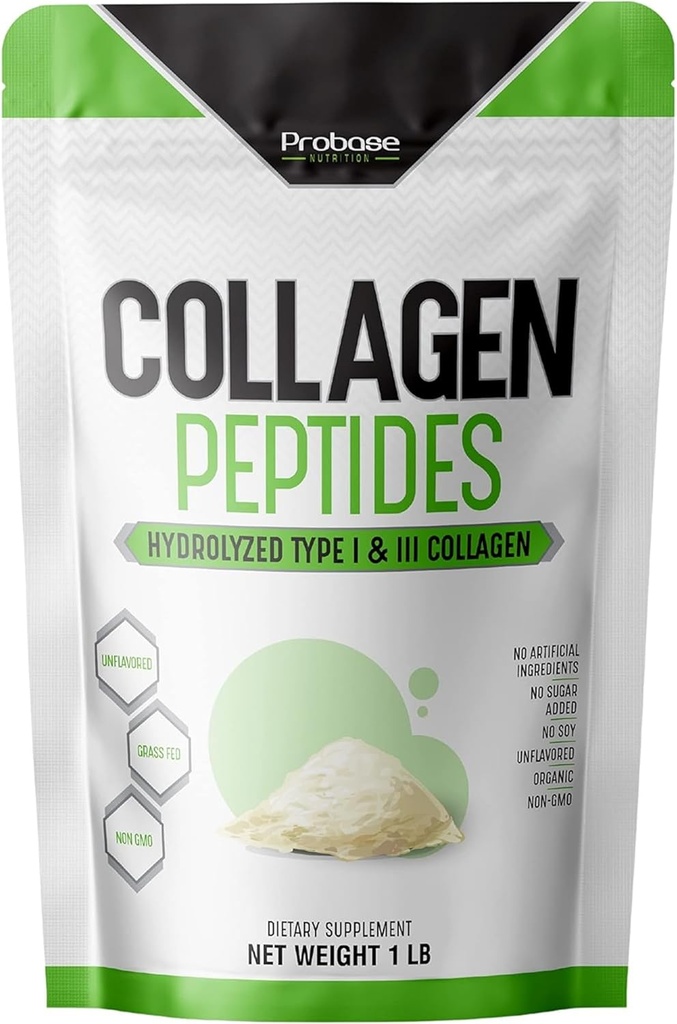 Probase Nutrition Collagen Peptides Σκόνη (Type I, III) για Δερμάτινα Καρφιά, Υδρολυμένο για Καλύτερη Απορρόφηση Κολλαγόνου, Μη ΓΤΟ Επαληθευμένο, Κετοφιλικό και Χωρίς Γλουτένη, Λευκό, 16 Οζ