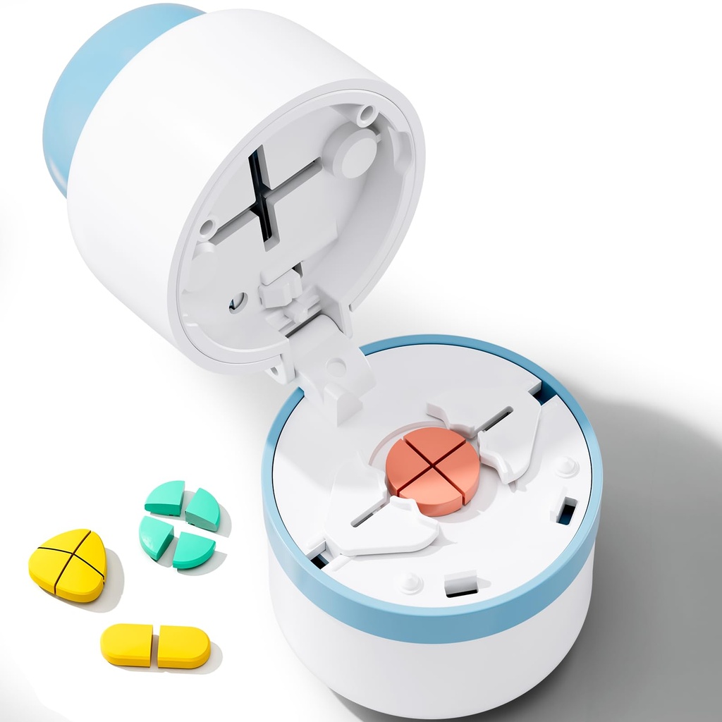 Pill Cutter 1/4 - Pill Splitter with Stainless Steel Blade for Cutting Small Pills or Large Pills in one Fourth, Suitable for Cuting Vitamins, Tablets (1-4 Blue)