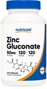 Nutricost Zinc Gluconate 120 κάψουλες χορτοφάγων (50mg) - Χωρίς γλουτένη και μη ΓΤΟ