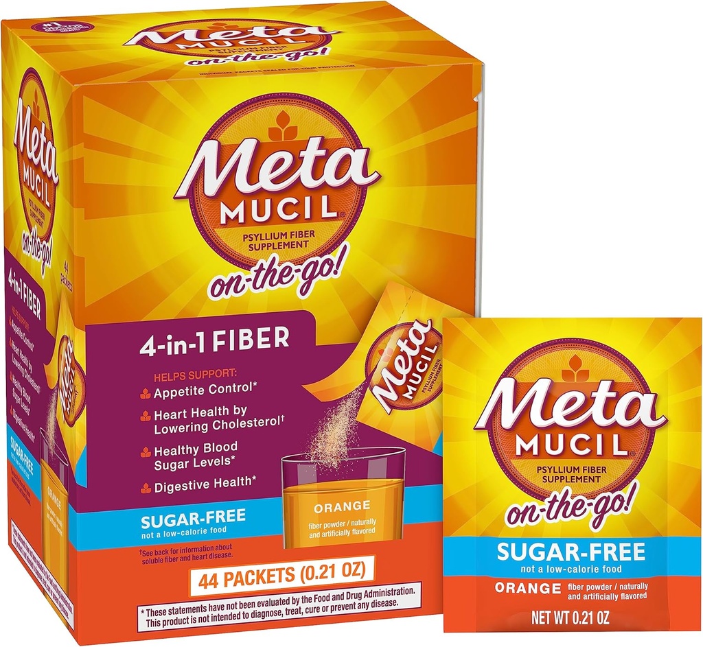 Metamucil On-The-Go, Καθημερινή Psyllium Husk συμπλήρωμα σκόνης, ζάχαρη-free σκόνη, 4-in-1 Fiber για Digestive Υγεία, Πορτοκαλί αρωματικό ποτό, 44 συσκευασίες