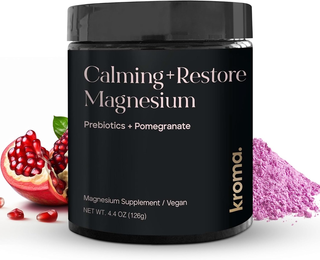 Kroma Calming + Restore Magnesium Powder – Μαγνήσιο Κιτρικό με L-Θεανίνη για Χαλάρωση, Κύκλος Ύπνου & Πειθιστική Υποστήριξη – Συμπλήρωμα αποκατάστασης μυών – Ρόδι Γεύση – 4.4 oz, 30 Υπηρεσίες