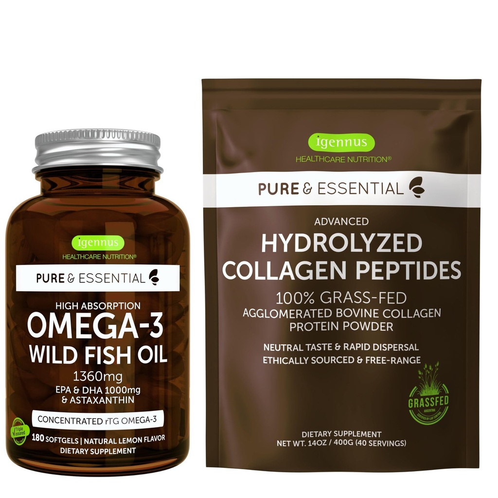 Υψηλή απορρόφηση Omega-3 Wild Fish Oil 1360mg & Advanced Hydrolyzed Collagen Peptides Bundle, 1000mg EPA & DHA με Ασταξανθίνη & 100% Grass Fed Bovine Collagen Protein Powder, από Igenus