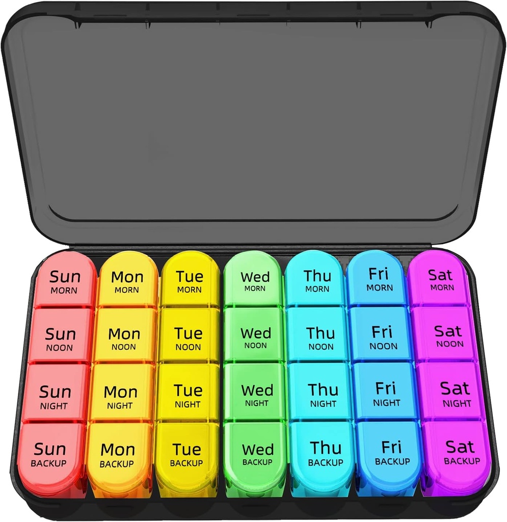 Zoksi 7 Day Pill Organizer 4 φορές την ημέρα, Weekly Pill Box, Travel Pill Case, Daily Medicine Organizer, Medication Container with 28 Portable Compartments for Fish Oils, Vitamins or Supplements (Black)