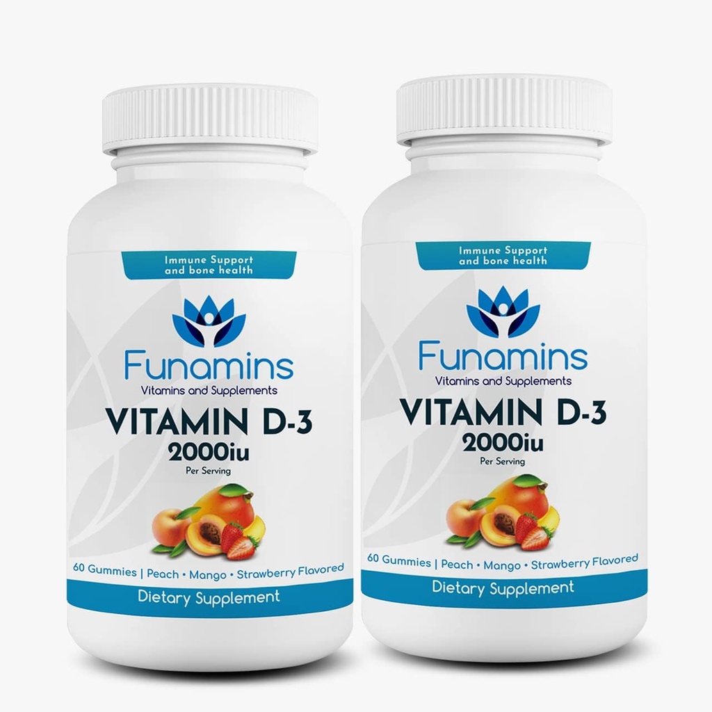 Vitamin D3 Gummies, 2-Pack, 60 Count Each, 2000iu per Serving, Supports Immune System and Bone Health; for Kids & Adults; Peach, Mango, Strawberry Flavors