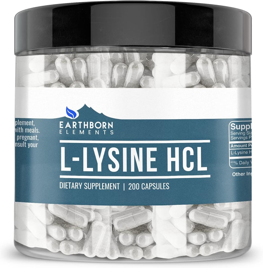 Earthborn Elements L-Lysine HCL 200 Capsules, Pure & Undiluted, No Additives