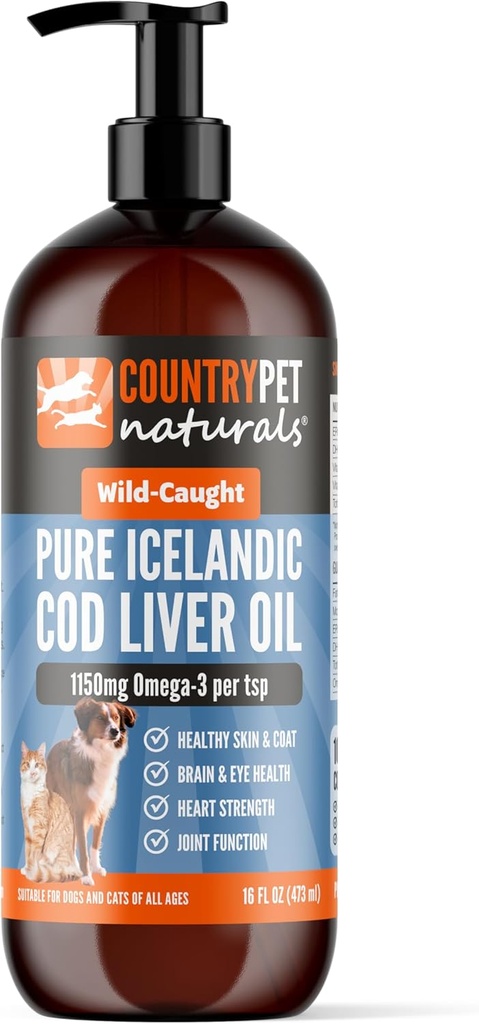Άγριος πιασμένος Pure Cod Liver Oil 16oz Υψηλότερο Ωμέγα 3 1150mg/tsp, Υψηλότερη καθαρότητα, Υψηλή EPA/DHA, Βιταμίνη Α & D - Μειώνει φαγούρα, Υγιές Δέρμα & Coat, Κινητικότητα, BPA-free, Αντλία συμπεριλαμβανομένων.