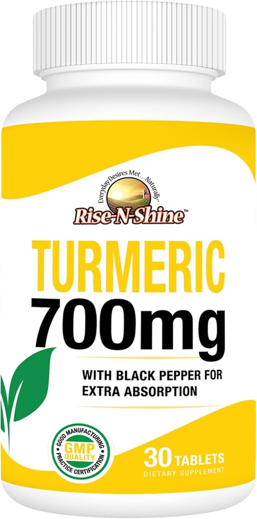 Rise-N-Shine 700 mg κουρκουμίνη με μαύρο πιπέρι - φυτικά συμπληρώματα για το δέρμα και την κοινή υποστήριξη - 30-Day Supply