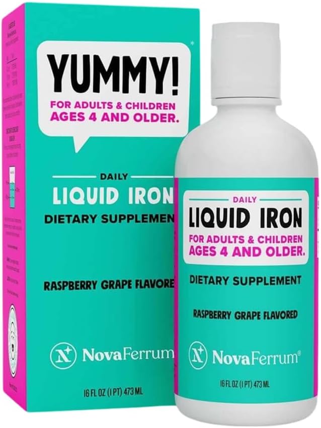 NovaFerrum Yummy 16 Fl Oz | Liquid Iron Supplement for Ages 4 & Up | 18mg of Iron/Tbsp | Gluten Free | Sugar-Free | Raspberry Grape