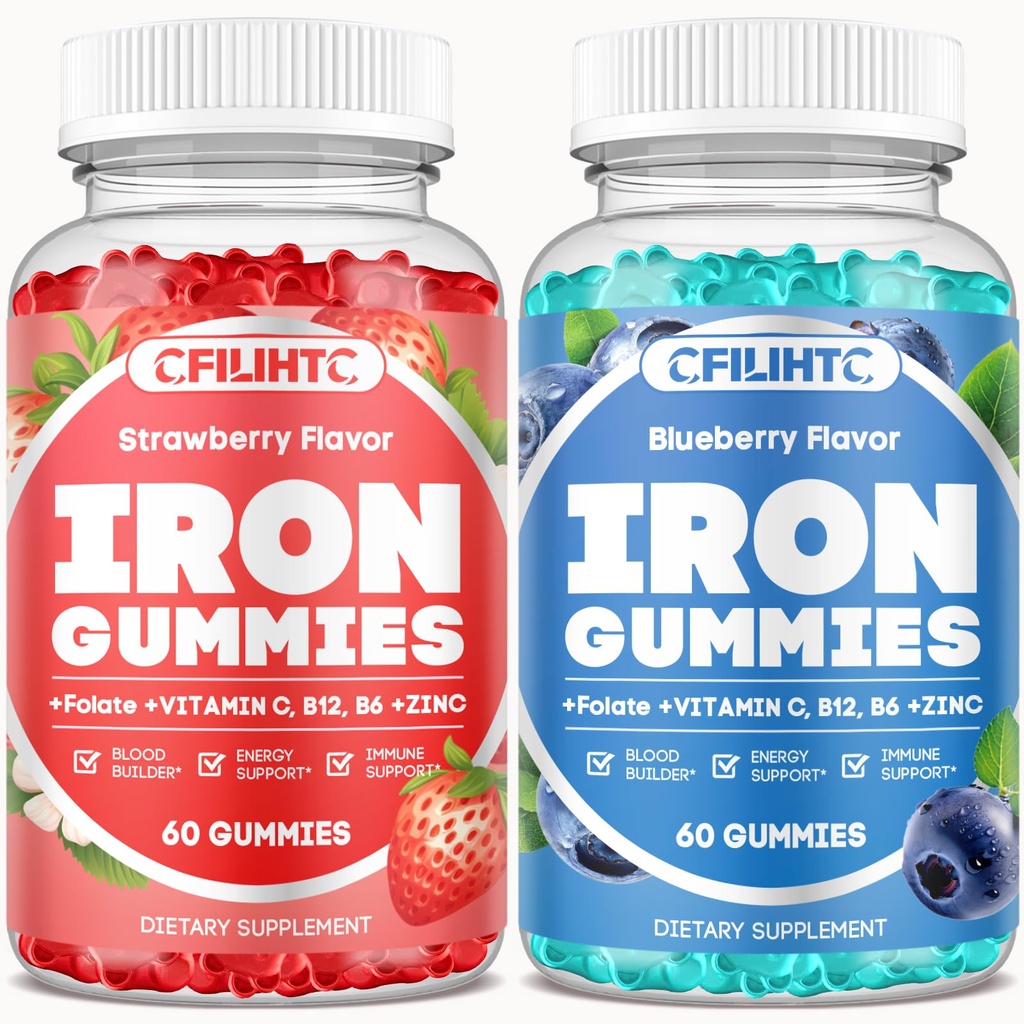 2 Πακέτο Iron Gummies για ενήλικες & παιδιά συμπλήρωμα σιδήρου Φράουλα άρωμα βατόμουρο