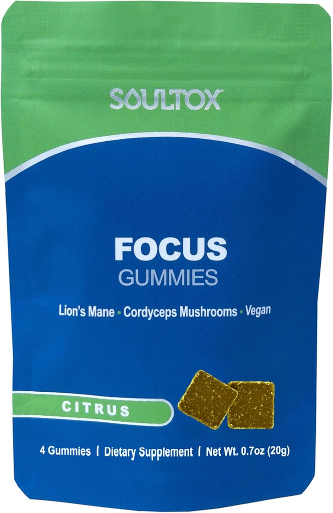 Soultox Focus Lion's Mane Gummies - Citrus Flavor - Vegan Formulation with Organic Lions Mane and Cordyceps - Ενισχύστε τη μνήμη, την εστίαση και την ενέργεια - Citrus Flavor - Single Pack