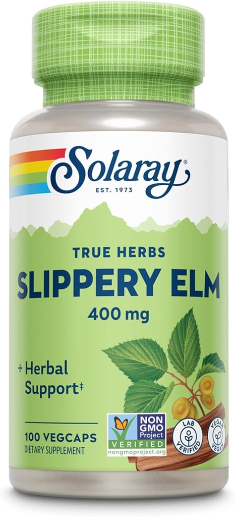 κάψουλες SOLARAY Slippery Elm Bark (Ulmus Rubra) 400 mg - Καταπραϋντική βοτανική υποστήριξη με Mucilage - Vegan, Lab Επαληθευμένο, 60 ημερών εγγύηση επιστροφής χρημάτων - 100 μερίδες, 100 VegCaps
