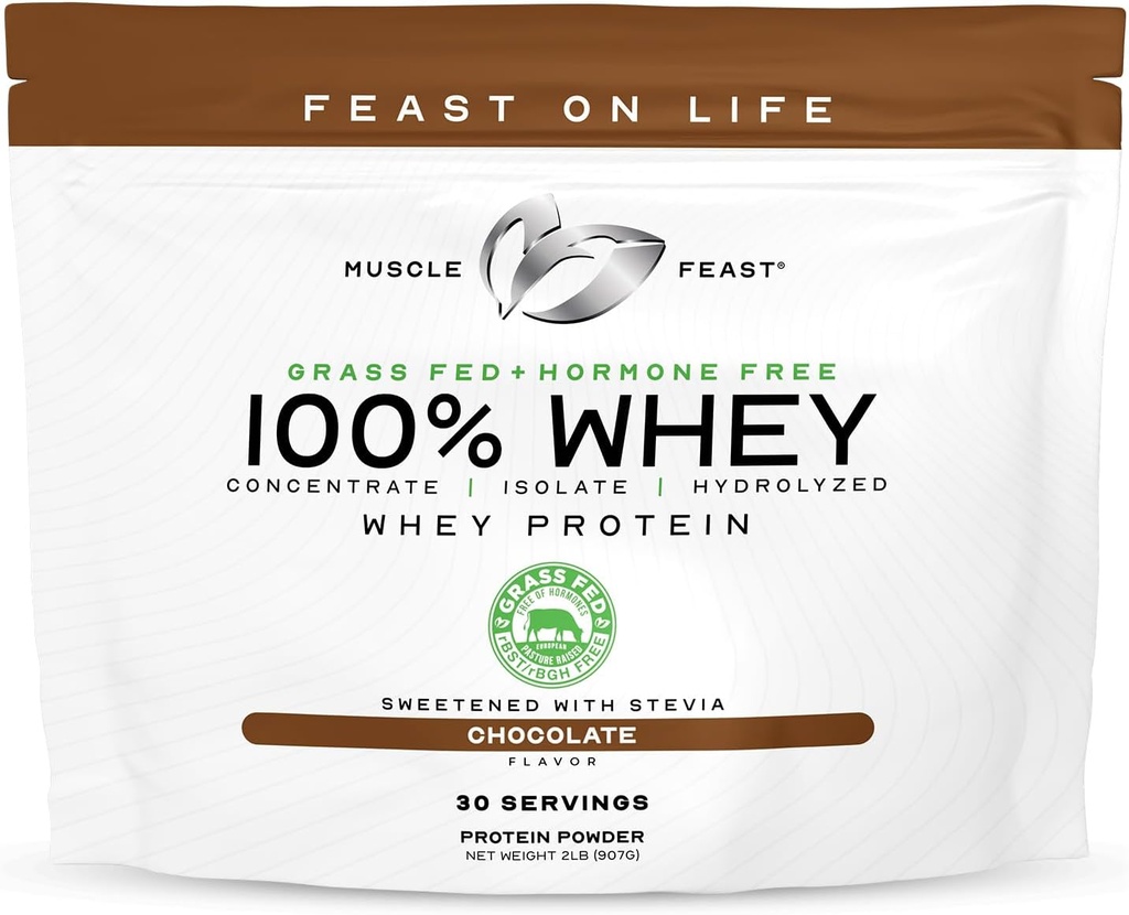 Muscle Feast 100% Grass Fed Whey Protein Powder, All Natural Hormone Free Paure Raised Whey Protein Powder for Women & Men- Whey Concentrate, Isolate & Hydrolyzed Protein Powder Blend - Chocolate, 2lb