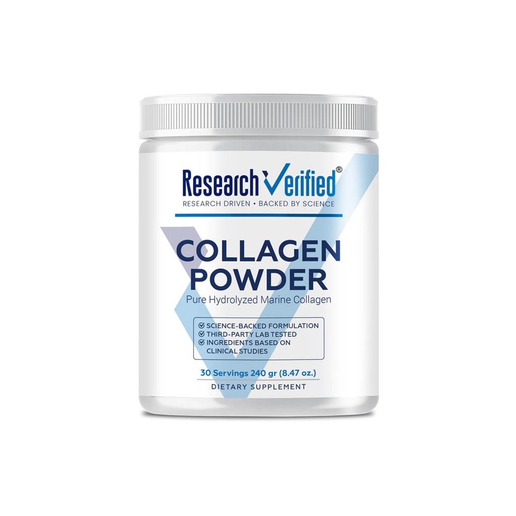 Research Verified® Collagen Powder - Hydrolyzed Marine Collagen Peptides - Unflavored - Skin Hydration and Elasticity, Muscle Recovery, Non GMO - 30 Scoops Per Container - 1 Month Supply