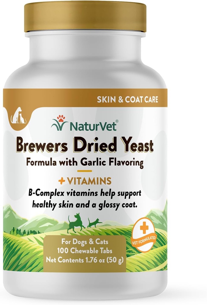 NaturVet Brewers Αποξηραμένη φόρμουλα ζύμης με σκόρδο Γεύση Plus Βιταμίνες για σκύλους και γάτες, Μασώμενα δισκία, Made in The USA with Globally Source Ingredients 100 Count