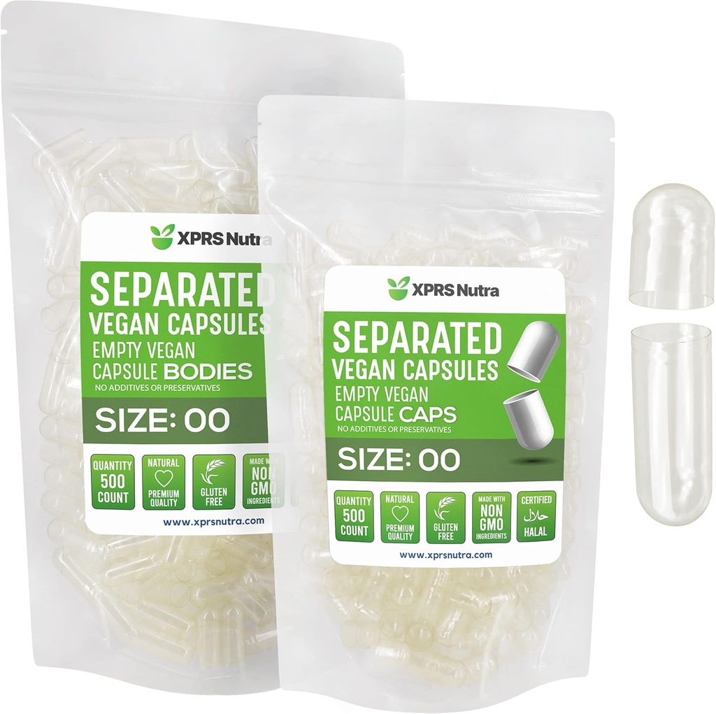 XPRS Nutra Vegan Size 00 Separated Capsules - 500 Count Premium Clear Empty Capsules Separated in Bags - 00 Pills Empty for DIY Supplement Filling