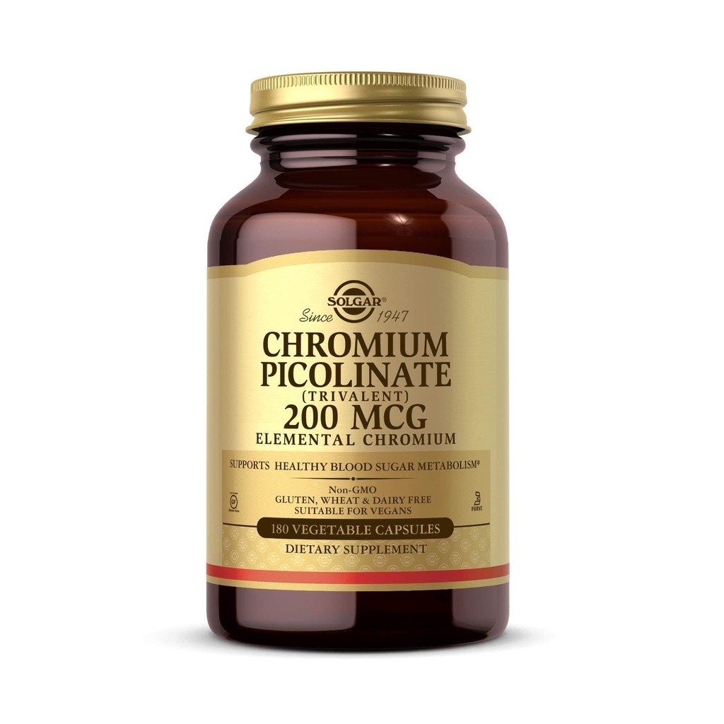 Solgar Chromium Picolinate 200 mcg, 180 κάψουλες λαχανικών - Υποστηρίζει υγιή ζάχαρη αίματος Μεταβολισμός - Μη ΓΤΟ, Vegan, Χωρίς γλουτένη, Χωρίς γαλακτοκομικά, Kosher - 180 Σερβίρει