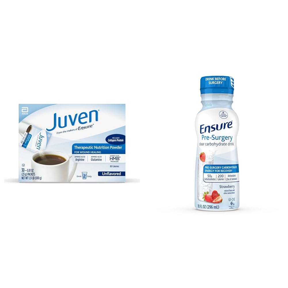 Juven Therapeutic Nutrition Drink Mix Powder for Wound Healing Support, Includes Collagen Protein, Unflavored, 30 Count & Ensure Pre-Surgery, Clear Carbohydrate Drink, Strawberry, 10 Fl Oz (Pack of 4)