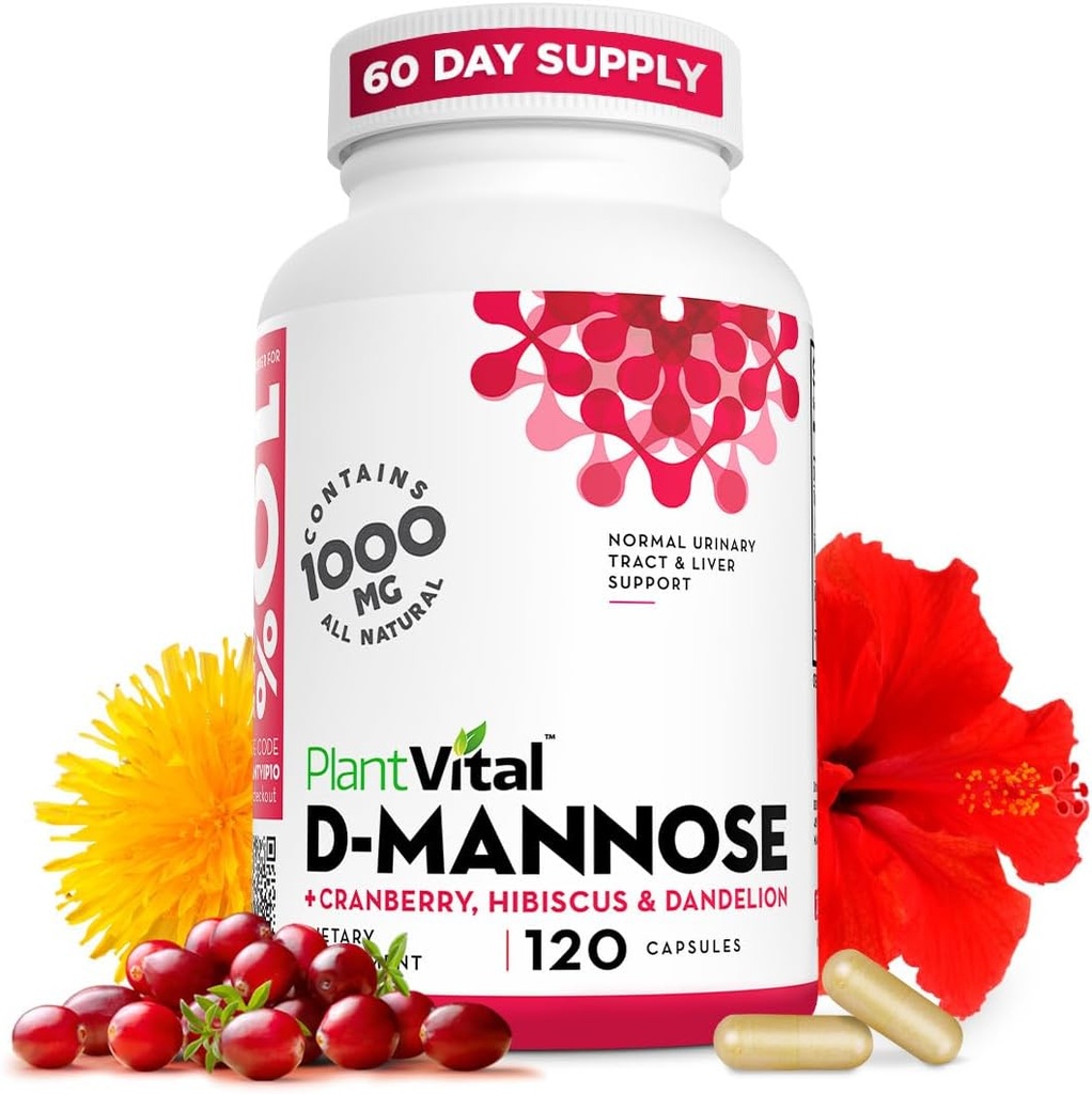 Plantvital D Mannose Κάψουλες με Cranberry - D-μαννόζη 1000mg Κάψουλες - Υψηλή Ικανότητα για Μπλαντέρ, Νεφρό και Ουρολοίμωξη Υποστήριξη. Cranberry Powder με Hibiscus και Dandelion. 2 Μήνες Προσφορά