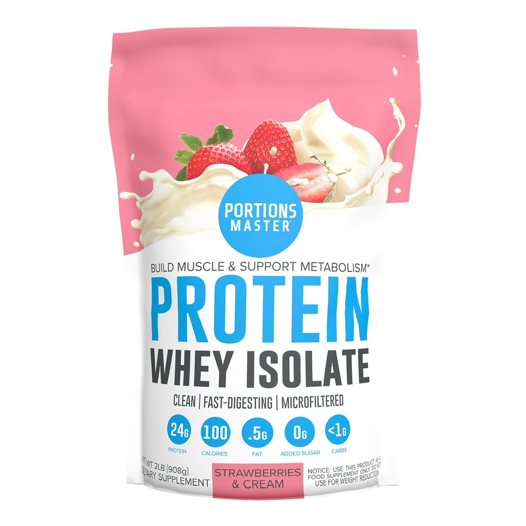 Portions Master CFM Whey Isolate Protein Powder, 2 LB, 23g Low Carb, Low Fat, Cold-Processed, Fast Absorbing, Muscle Growth & Recovery Support (Strawberries & Cream)