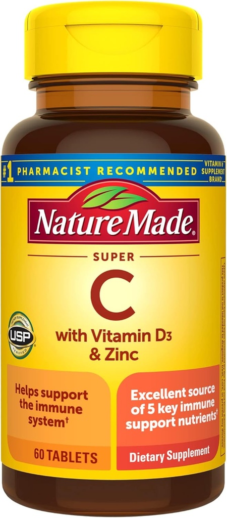 Nature Made Super C with Vitamin D3 and Zinc, Dietary Supplement for Immune Support, 60 Tablets, 60 Day Supply
