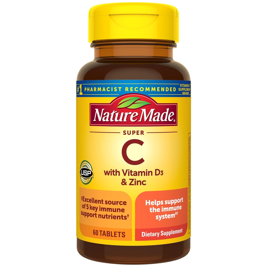 Nature Made Super C, βιταμίνη C και ψευδάργυρος με βιταμίνη D3, συμπλήρωμα διατροφής για την υποστήριξη του ανοσοποιητικού, 60 δισκία, 60 ημέρες προσφοράς
