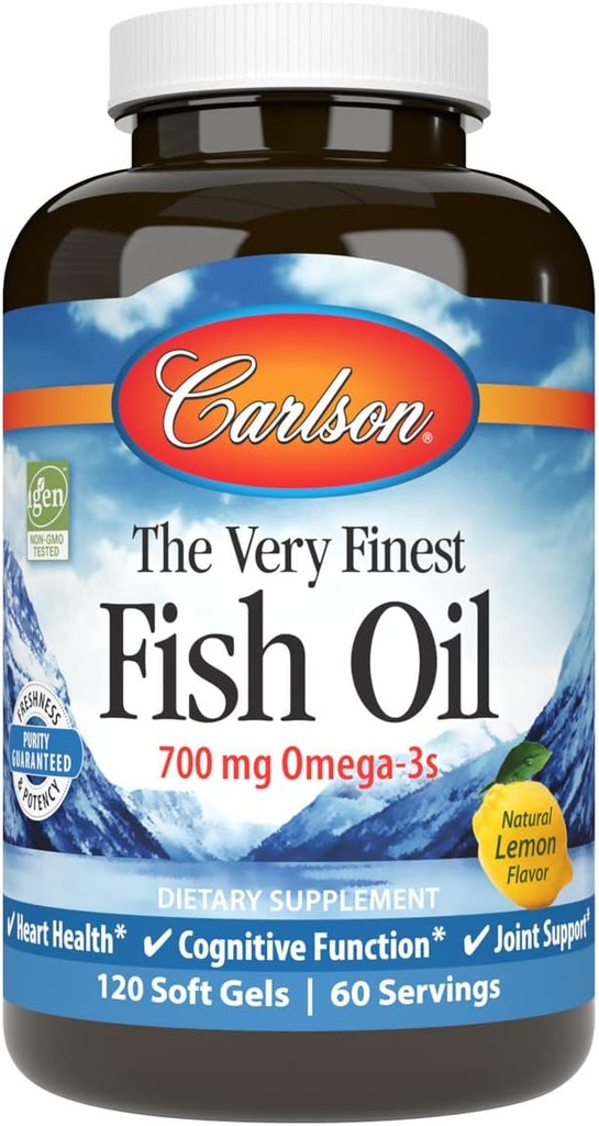 Carlson - The Very Finest Fish Oil, 700 mg Omega-3s, Norwegian Fish Oil Supplement, Wild Caught Omega-3 Fish Oil, Sustainablely Soured Fish Oil Caps, Omega 3 Supplement, Lemon, 120 Softgels