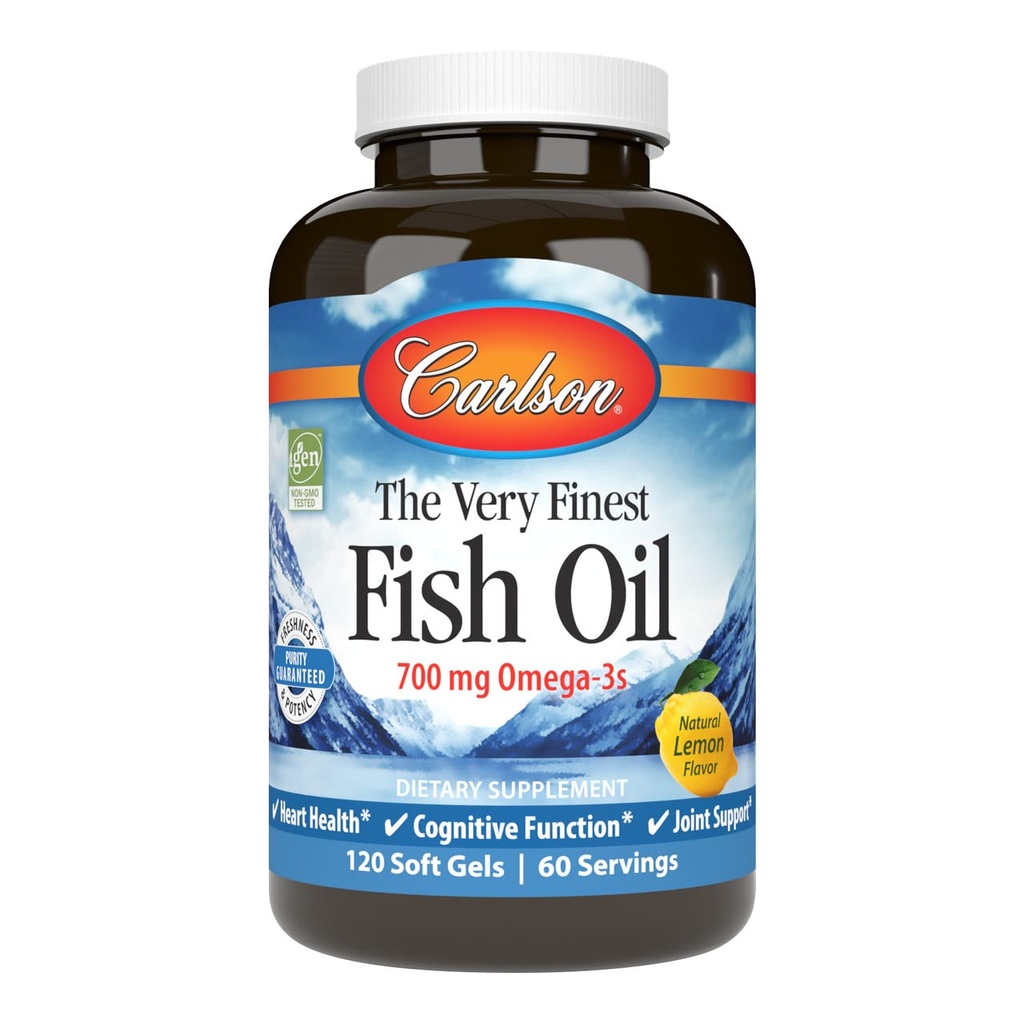 Carlson - The Very Finest Fish Oil, 700 mg Omega-3s, Norwegian Fish Oil Supplement, Wild Caught Omega-3 Fish Oil, Sustainably Sourced Fish Oil Capsules, Omega 3 Supplement, Lemon, 120 Softgels