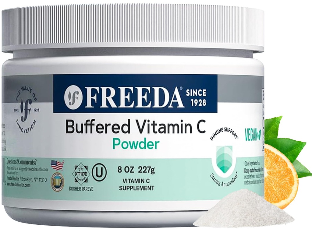 FREEDA Buffered Vitamin C σε σκόνη (Calcium Ascorbate) – Μη Ακιδική, Στομαχόφιλη βιταμίνη C για ευαίσθητα άτομα – Vegan, Kosher, χωρίς ζάχαρη ανοσοποιητική υποστήριξη – 8 oz