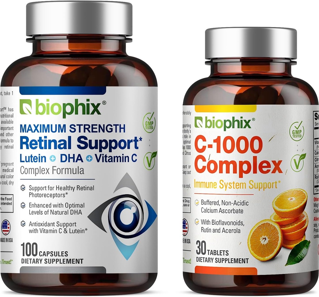biophix Retinal Support Maximum Strength Complex Formula 100 Capsules - Free C-1000 30 Tablets - Zinc Vitamin C E Lutein DHA Omega-3 Astaxanthin Hyaluronic Acid - Supports Eye Vision Health