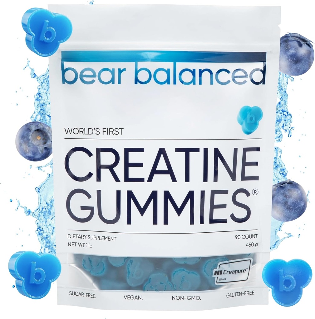 Bear Balanced Creatine Gummies for Men & Women - Creapure® Creatine Monohydrate, L-Theanine, L-Tyrosine & B12 for Muscle Growth, Strength, Focus, Energy & Health - Low Calorie, Sugar-Free, & Vegan